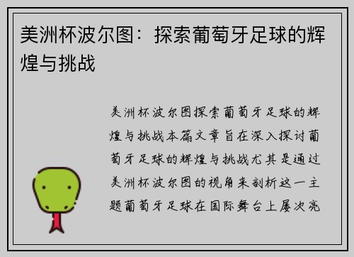 美洲杯波尔图：探索葡萄牙足球的辉煌与挑战